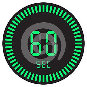 The digital timer 60 seconds, 1 minute, electronic stopwatch with a gradient dial starting vector icon, clock and watch, timer.