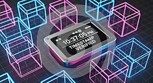 Digital Timestamp Verification Device with Glowing Neon Blockchain Cubes
