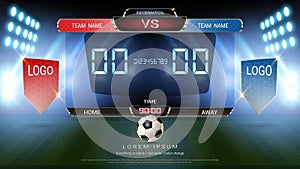 Digital timing scoreboard, Football match team A vs team B, Strategy broadcast graphic template for presentation score or game res