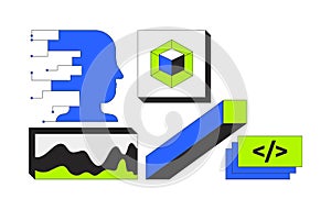 Digital tools and artificial intelligence 2D cartoon objects set