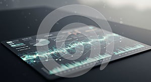 A digital touchscreen interface displaying complex data visualizations. The interface