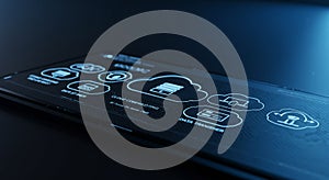 A digital touchscreen interface displays icons and text related to cloud computing. The