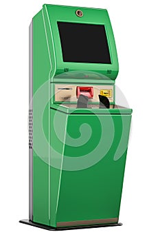 Digital touchscreen terminal. Financial services kiosk, 3D rendering