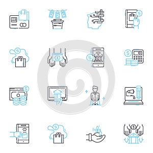 Digital transaction linear icons set. Payment, Cryptocurrency, Blockchain, E-commerce, Venmo, PayPal, Bitcoin line