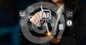 Digital Transformation with AI Technology Concept Showing Cloud Computing and Data Analysis on a Tablet Device in a