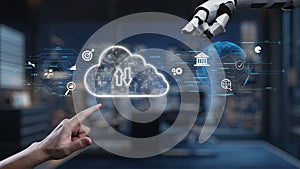 Digital Transformation Concept with Cloud Computing, Robotic Hand, and Data Flow Representations in Modern Office