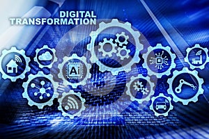 Digital Transformation Concept of digitalization of technology business processes. Datacenter background.