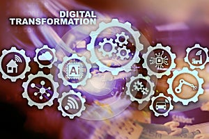 Digital Transformation Concept of digitalization of technology business processes. Datacenter background.