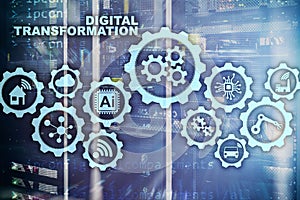 Digital Transformation Concept of digitalization of technology business processes. Datacenter background.