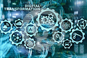 Digital Transformation Concept of digitalization of technology business processes. Datacenter background