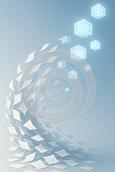 Digital transformation concept showing floating paper sheets morphing into glowing cubes, symbolizing data digitization, document