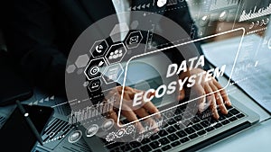 Digital Transformation in Modern Business with Data Ecosystem Visualization and Hands on Laptop. Asymptotic smart data