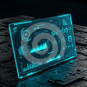 A digital, transparent screen displaying futuristic graphs and data analytics on a dark