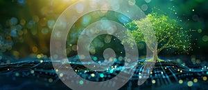 Digital tree with glowing nodes and connections, banner with copy space. Concept of Data visualization, Artificial