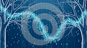 Digital Tree of Knowledge Binary Code Branches on Dark Blue Network Background