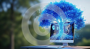 Digital tree of knowledge on computer screen symbolizing future technology and growth