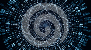 Digital tunnel of binary code with circular pattern, data flow, technology