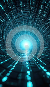 Digital tunnel with data flow representing computer technology. Matrix of binary code, cyber world, big data, information