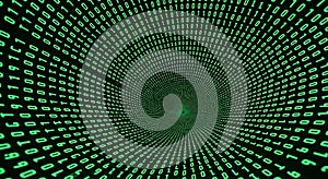 Digital tunnel effect created with green binary code on a dark background design