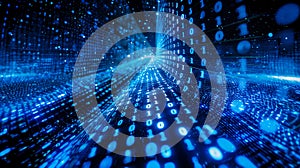 A digital tunnel filled with flowing binary code, data transmission and advanced technology systems