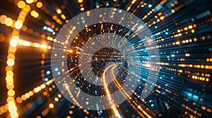A digital tunnel filled with glowing lights, creating a futuristic and immersive experience