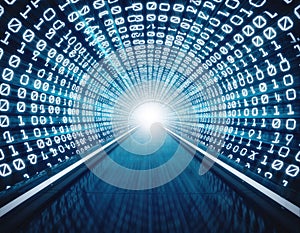 Digital tunnel with glowing binary code leading to bright light at the end