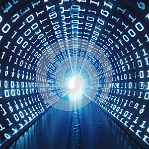 Digital tunnel with glowing binary code and light at the end