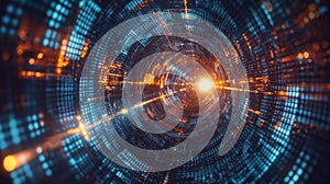 Digital tunnel of glowing binary code in motion
