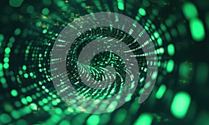 Digital tunnel with glowing green binary code and abstract patterns