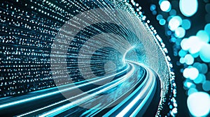 Light 3d trails illuminating a futuristic abstract neon background digital tunnel with binary code data flow, creating a