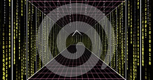 Digital tunnel with green binary code and grid lines, image of data flow