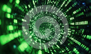 Digital tunnel of green binary code representing data flow and technology concepts