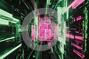 Digital Tunnel, Neon Lights and Abstract Glitch Art