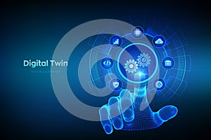 Digital twin business and industrial process modelling technology concept on virtual screen. Innovation and optimisation.