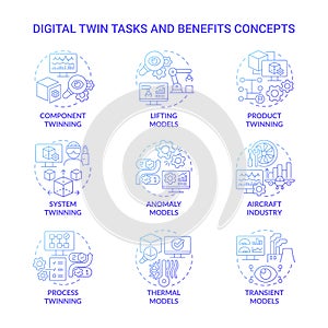 Digital twin tasks and benefits blue gradient concept icons set