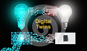 Digital twins concept. A digital light bulb and its counterpart are controlled or switched on by one single push on either side of