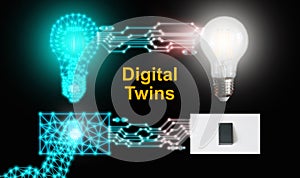 Digital twins concept. A digital light bulb and its counterpart are controlled or switched on by one single push on either side of photo