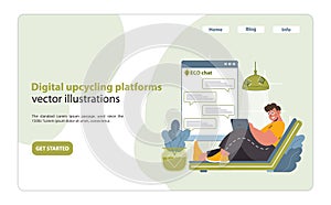 Digital Upcycling Platforms Illustration. A person comfortably interacts on an online upcycling community.