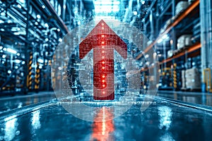 Digital upward arrow symbolizing technological progress and innovation in a high-tech industrial setting