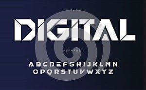 Digital urban alphabet, bold Futurism style letters. Geometric font with cutting line inside letters. Type for modern