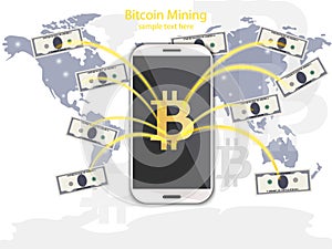 Digital Vector Bitcoin mining from phone. Cryptocurrency wallet transfers in chash concepts