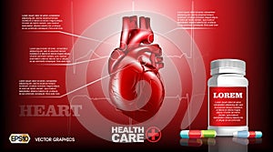 Digital Vector Infografic Realistic Human Heart. Premium quality illustration detailed organs. Health care drug pills photo