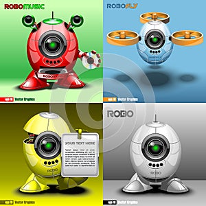 Digital vector robo set, music, fly, red, blue