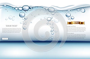 Digital Vector under water background with bubbles, water drops and light waves. Ready for product placement and info