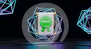 Digital Verified Certificate 3D Render with Neon Abstract Wireframe Geometry