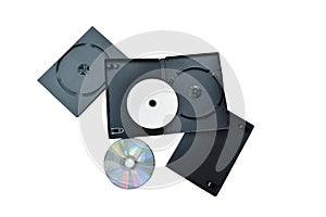 Digital versatile disc or DVD with black plastic box packaging on white background