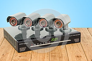 Digital video recorder system, cctv on the wooden planks, 3D rendering