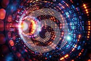 Digital Virtual Tunnel: Tunnel with vibrant lights and binary code, generative ai