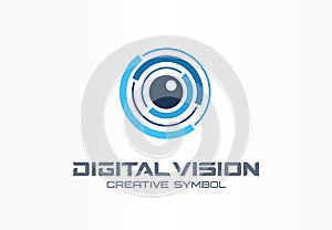 Digital vision creative symbol concept. Eye iris scan, vr system abstract business logo. Cctv monitor, security control