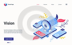 Digital vision technology isometric landing page, 3d abstract machine with human eye